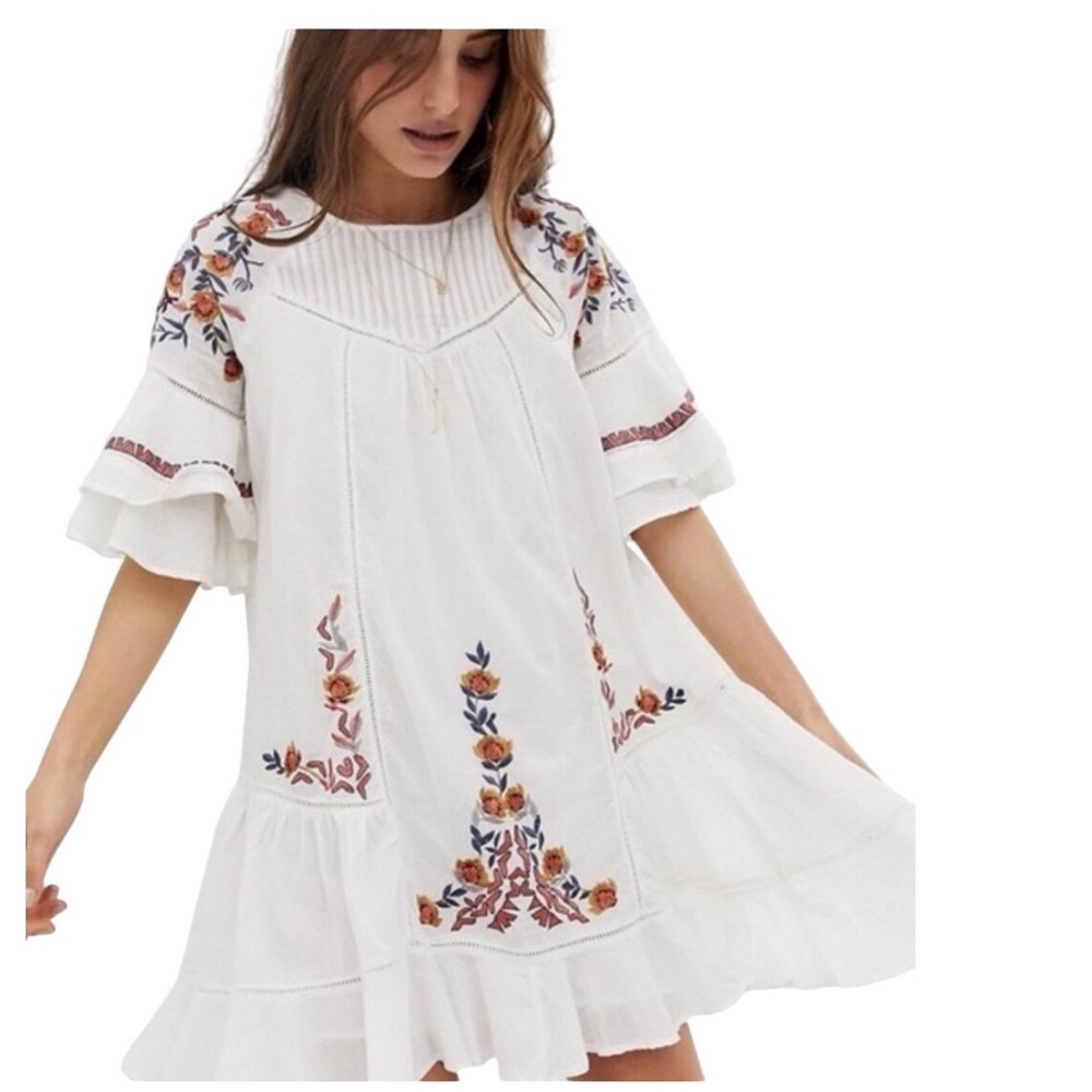 Free People Floral Embroidered Ruffle Sleeve Mini Dress Bell Small Romantic - Picture 1 of 12